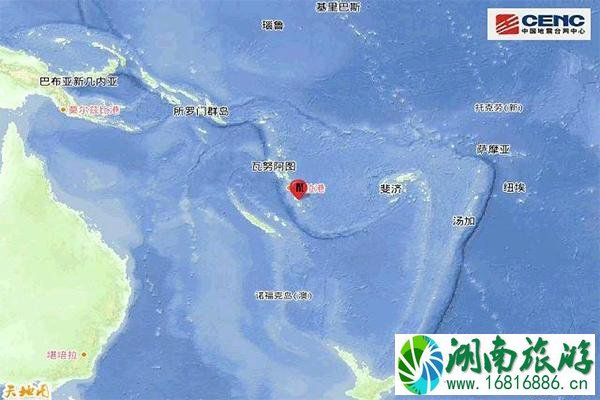 瓦努阿图群岛6.5级地震 周边城市+地震中心