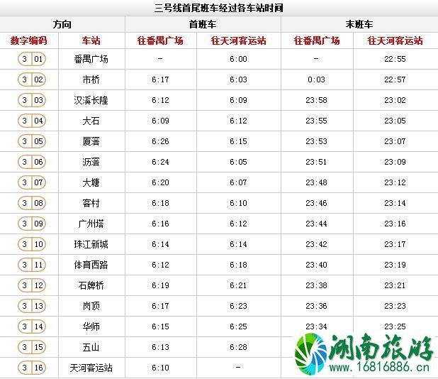 广州地铁时间表3号线