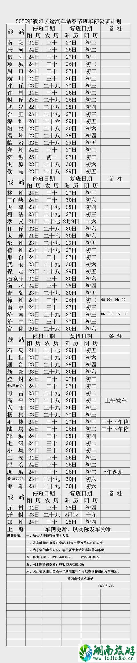 濮阳各地汽车站2020春节期间发车时间表